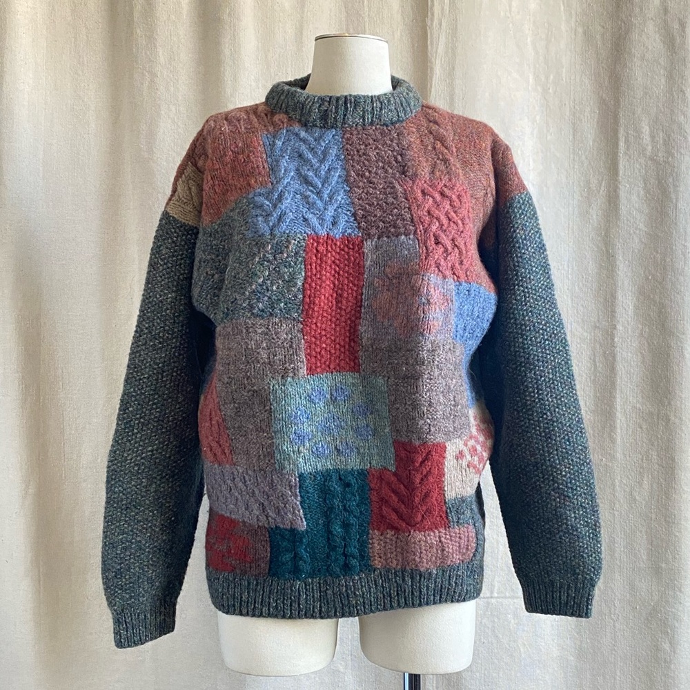 Vintage 90s wool cable knit sweater patchwork sz M multi-color